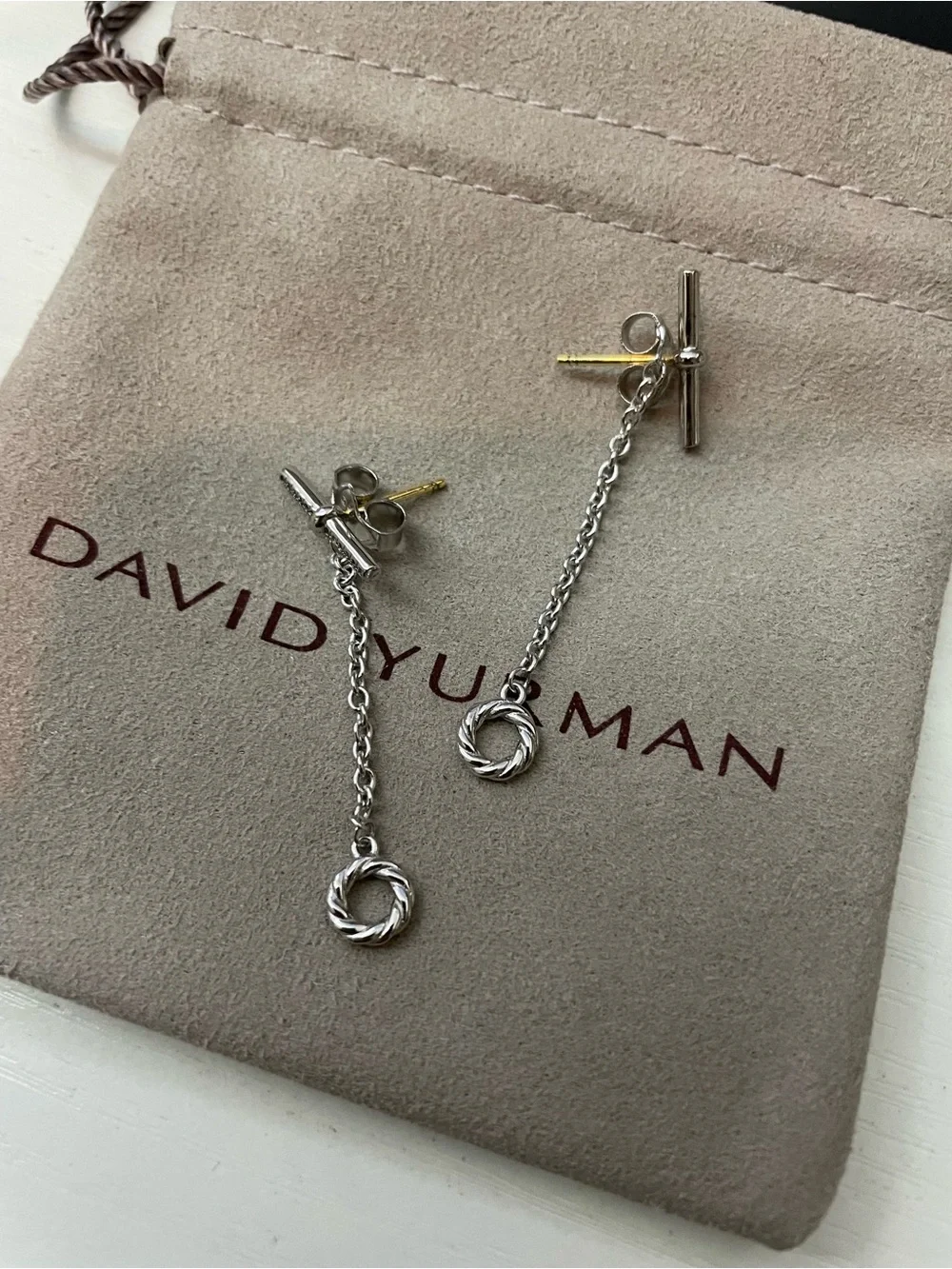David Yurman Silver Twisted Cable Drop Chain Earrings with Pave Bars